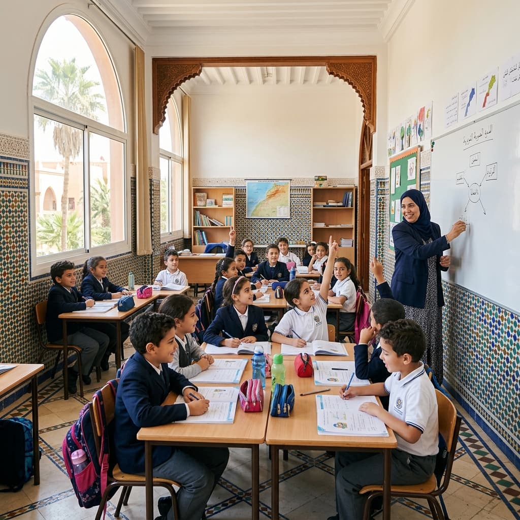 École primaire privée au Maroc — classe moderne avec élèves