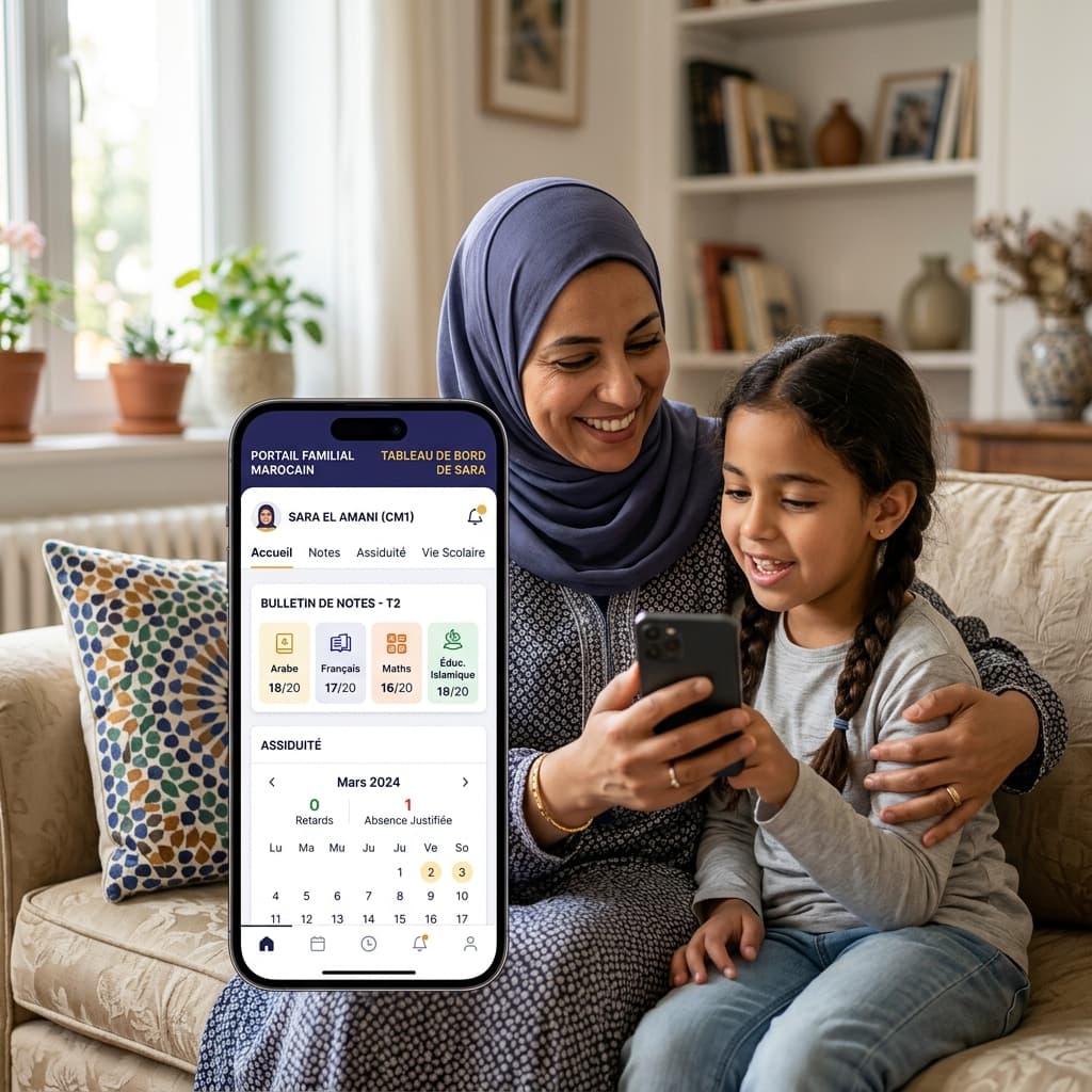 Famille consultant un portail numérique de suivi scolaire